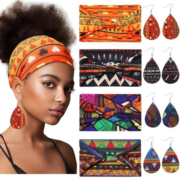 African Boho Print Headband Set Faux Leather Earrings for Women Bright Pattern main image 6
